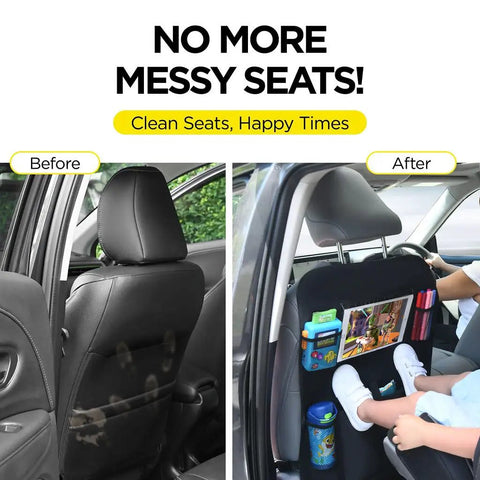 Before and after of car interior with Back Seat Cover For Kids With 6 Pocket Organizer And Two Pack Kick Mats XL Backseat Protector