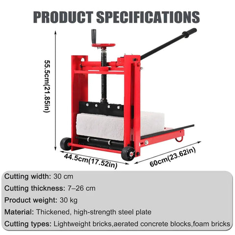 Wheeled Paver Cutter With Eight Bearing Rolling Platform Heavy Duty Steel Frame Precise Lightweight Brick Cutter For AAC And Foam Blocks Clean Smooth Cuts Fast Labor Savings Durable Performance. Red steel cutter with dimensions and 30 cm cutting width.