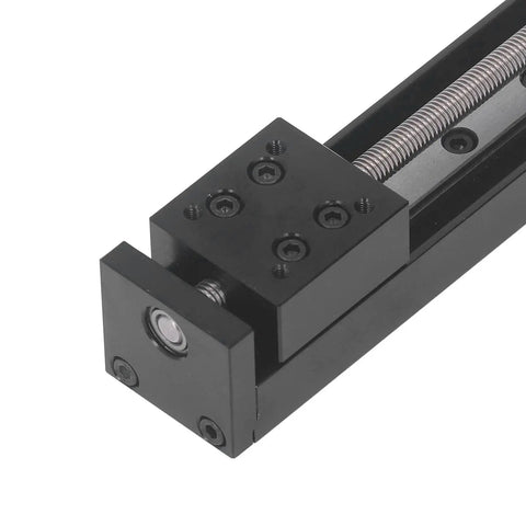 Close-up of 100mm Stroke Linear Slide Table with beefed up 28 stepper motor, alloy build, single rail motion for precise X Y Z axis movement.