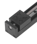 Close-up of 100mm Stroke Linear Slide Table with 28 Stepper Motor, single rail motion stage, precision machined alloy, CNC router component