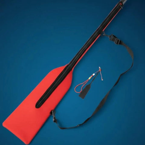 Pro Grade Paddle Bag For Boats With Quick Rapid Evaporation Tech Keeps Paddles Dry Breathable Neoprene Cover For Easy Transport Wear Resistant Sports Gear Accessory For Water Sports Red, shown flat with strap and zipper on blue background.