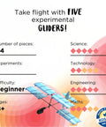 Ultralight Airplane STEM Kit with five gliders, 44 pieces, beginner level, age 8+, showcasing build features and safety seal.