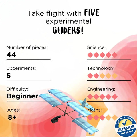 Ultralight Airplane STEM Kit with five gliders, 44 pieces, beginner level, age 8+, showcasing build features and safety seal.