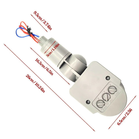 PIR Motion Detector Outdoor Sensor Switch For LED Lights, Auto Dusk To Dawn, Waterproof Smart Switch with dimensions shown.