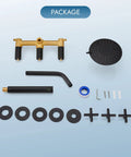 Matte Black Three Handle Tub And Shower Faucet Set With Brass Valve And Tub Spout 6 Inch Round Shower Head parts laid out