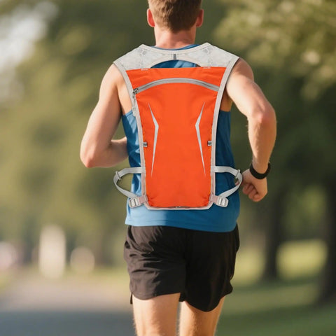 Back view of runner wearing Lightweight Running Hydration Pack with Built In Water Reservoir, Snug Fit Backpack for Runners