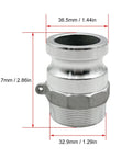 Beefy Aluminum Cam Lock Hose Fittings 1 Inch Plug To NPT Male Global Type Cam And Groove Quick Disconnect Pack Of 2 With 2 Camlock Gasket Fittings White For Industrial Fluid Transfers, 1 in fitting with dimensions