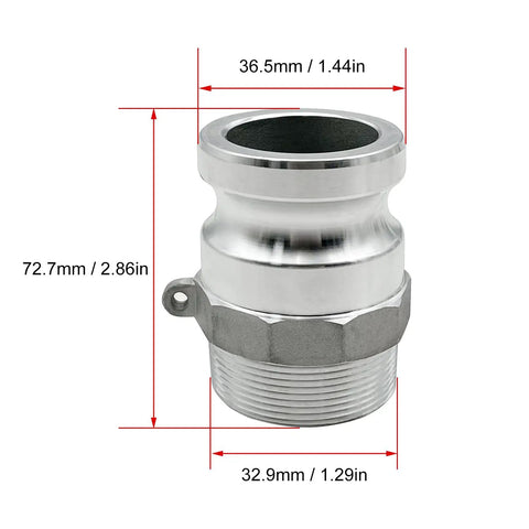 Beefy Aluminum Cam Lock Hose Fittings 1 Inch Plug To NPT Male Global Type Cam And Groove Quick Disconnect Pack Of 2 With 2 Camlock Gasket Fittings White For Industrial Fluid Transfers, 1 in fitting with dimensions