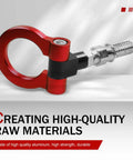 Heavy Duty Forged Car Front Bumper Tow Hook With Secure European Screw On Trailer Eye Ring And Snap Closure Lock Pin Built Tough For Snatching Stuck Trucks And Universal Towing In Red, showing red forged metal tow hook.