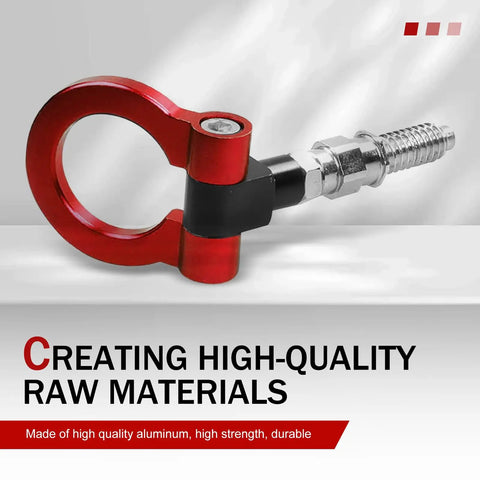 Heavy Duty Forged Car Front Bumper Tow Hook With Secure European Screw On Trailer Eye Ring And Snap Closure Lock Pin Built Tough For Snatching Stuck Trucks And Universal Towing In Red, showing red forged metal tow hook.