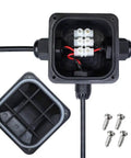 IP68 Waterproof Junction Box For Outdoor Lighting, 3-Way Cable Connectors, open view showing internal wiring and components, with screws.