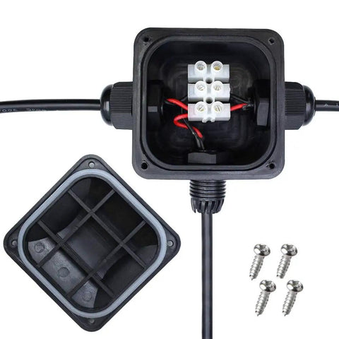 IP68 Waterproof Junction Box For Outdoor Lighting, 3-Way Cable Connectors, open view showing internal wiring and components, with screws.