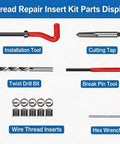 Parts of M14 X 1.5 Thread Repair Kit With Helicoil Inserts And HSS Drill Bit, including tap, drill, inserts, and tools.
