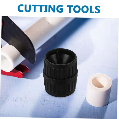 Two Piece Inner Outer Reamer Deburring Tool Set For Water Pipes next to a pipe, showcasing compact design and DIY use for copper piping.