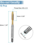 Rock Solid Spiral Point Plug Threading Taps M3 X 0.5 Metric Thread H2 Class Heavy Duty High Speed Steel 6542 Titanium Coated 10 Piece Set size details.
