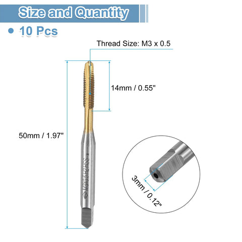 Rock Solid Spiral Point Plug Threading Taps M3 X 0.5 Metric Thread H2 Class Heavy Duty High Speed Steel 6542 Titanium Coated 10 Piece Set size details.