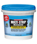 Pro Grade Advanced Paint And Varnish Remover Multi Strip That Is Methylene Chloride Free And NMP Free Starts Working In About Thirty Minutes And Delivers Heavy Duty Power To Lift Up To Fifteen Layers Of Paint Varnish Stain Lacquer And Urethane In A Quart container with blue lid.