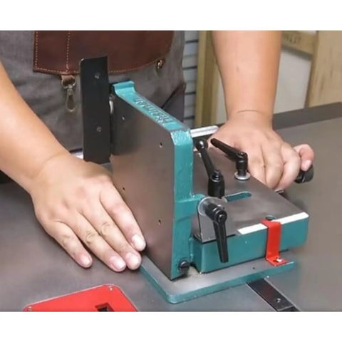 Built Legit Tough Desktop Woodworking Tenon Jig With Adjustable Rear Support Plate For Zero Sweat Alignment during use on bench.