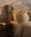Gold Metal Lamp Stand Bracket Set With Horn Style Mount on bedside table, easy shade assembly, modern home decor