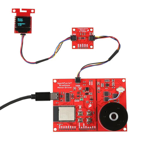 IoT Brushless Motor Driver with ESP32 and TMC6300 Three Phase Control and sensors on a red PCB, measuring 2.40 by 3.35 inches.