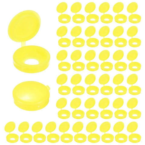 200 Pack Plastic Hinged Screw Cover Caps, yellow covers for M3 M4 M5 bolts, ideal for concealing exposed bolt heads indoors or out.
