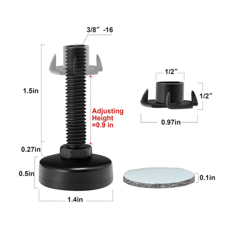 Heavy Duty Furniture Leveling Feet Adjustable Leg Levelers For Tables Chairs Cabinets And Sofas With Beefy Base Black Four Pack Includes T Nut Kit And Three Eighths Inch Thread Built To Last For Easy Install
