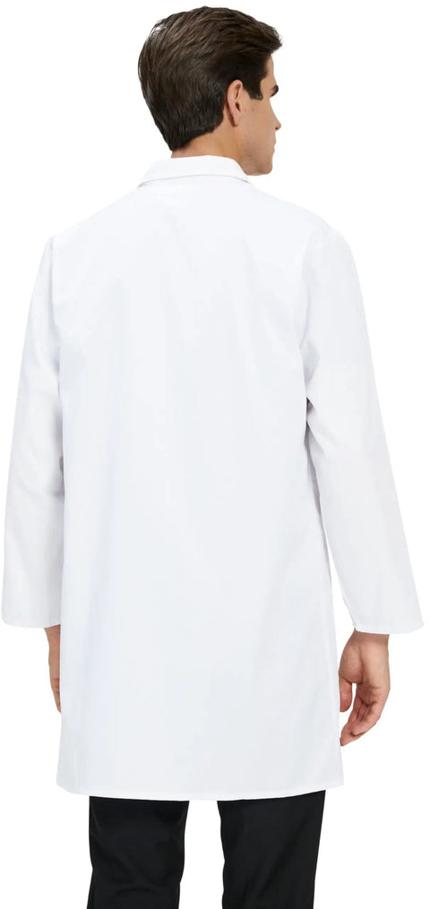 Back view of long white lab coat for men and unisex medical pros scientist doctor nurse or student cotton polyester blend medium size