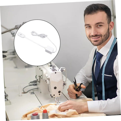 LED Sewing Machine Light With Magnetic Base And Touch Switch in use on sewing machine with tailor, lamp detail inset