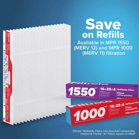 Filtrete 16x25x4 Refillable Air Filter replacement, MPR 1000 packaging with MERV 11 filtration and refill packs