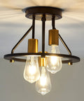 Industrial Semi Flush Mount Ceiling Light Fixture Three Light Dope Matte Black And Gold Chandelier E26 Farmhouse Ceiling Lamp For Entryways Hallways Bedrooms And More.