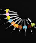 Pro Grade Tungsten Carbide Micro Drill Bits Set for PCB Circuit Boards, 10 Pack displayed in a semicircle on black backdrop