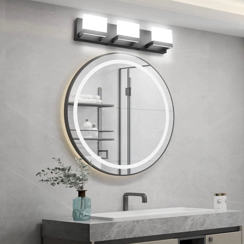 Three Light Black Dimmable LED Vanity Light For Bathroom Up And Down Wall Fixture Over Mirror With Frosted Acrylic Shade 6000K Cool White