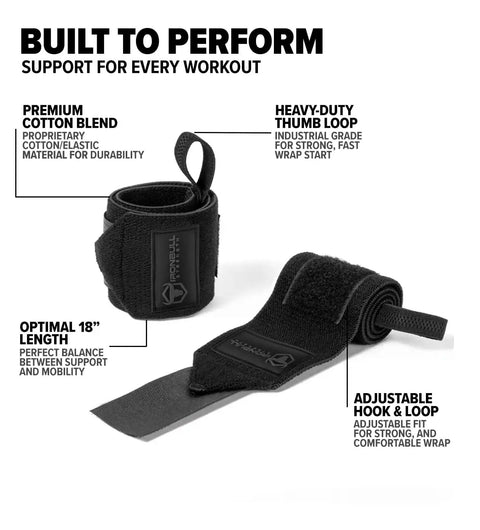 18 Inch Wrist Wraps For Weightlifting And Powerlifting With Thumb Loop, showcasing premium cotton blend and adjustable hook and loop