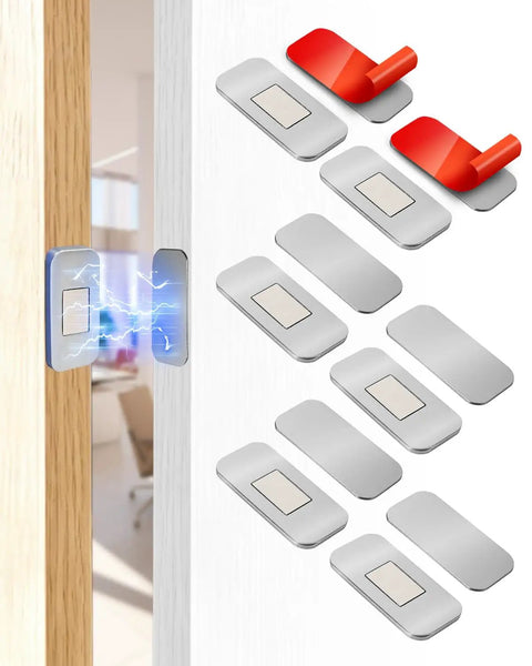 6 Pack Ultra Thin Magnetic Cabinet Door Latches With Strong Hold Adhesive No Drill Install, peel-and-stick installation shown