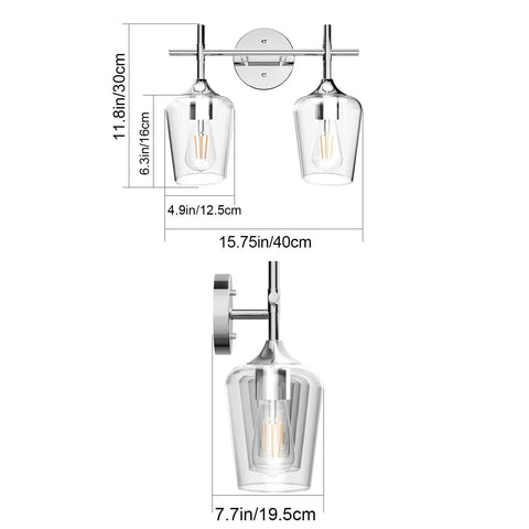 Chrome Two Light Bathroom Fixture With Clear Glass Wall Mount Sconce dimensions