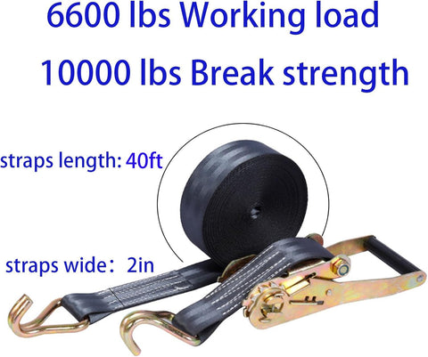 Two Pack Heavy Duty Ratchet Straps With 8000 Lbs Break Strength, 2 Inch By 40 Foot Black Tie Down Straps With Durable Double J Hooks.