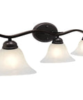 3 Light Vanity Fixture In Oil Rubbed Bronze With Alabaster Glass Shades 26 And A Quarter Inch Wide Bathroom Lighting That Upgrades Your Space With A Slick Modern Vibe For Master Bath Or Powder Room showing front view with light on