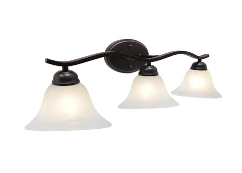 3 Light Vanity Fixture In Oil Rubbed Bronze With Alabaster Glass Shades 26 And A Quarter Inch Wide Bathroom Lighting That Upgrades Your Space With A Slick Modern Vibe For Master Bath Or Powder Room showing front view with light on