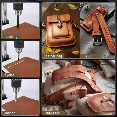Beefy Leather Hole Puncher For DIY Leather Crafting Arbor Press Hand Punch Tool With 1.5 To 13mm Clamping Chuck And PP Plate Low Noise Industrial Punching Machine Includes Free Accessories For Precision Holes shown punching, eyeleting, and crafting leather items like belts and bags.