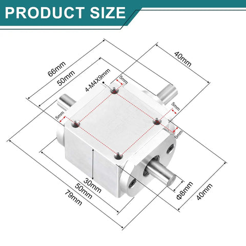 Dimensions of 90 Degree Bevel Gearbox 1 To 1 Right Angle Gearbox With Dual Output Shafts 20 Tooth Bevel Gear 8mm Shaft Aluminum Frame
