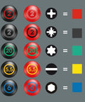 Infographic showing various screwdriver bit symbols and color codes representing different sizes and types on grey background.
