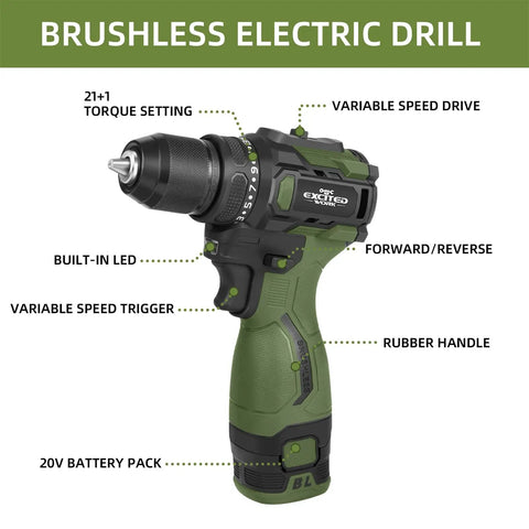 17V Brushless Cordless Screwdriver Drill Set With 140Nm Impact Driver And 55Nm Drill featuring LED and ergonomic rubber handle