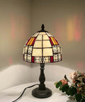 Color Block Tiffany Style Stained Glass Table Lamp, 8-Inch Lampshade, 13-Inch Tall, E12 Bulb Not Included, on nightstand
