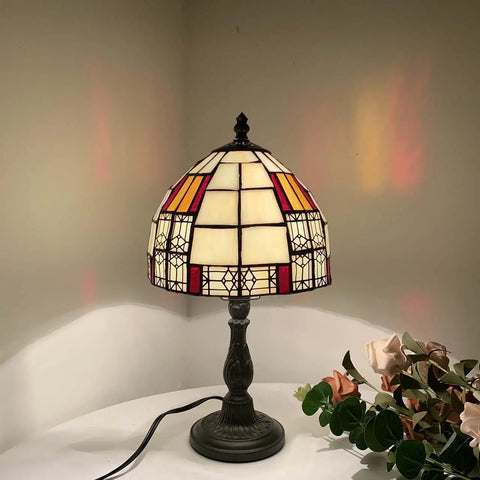 Color Block Tiffany Style Stained Glass Table Lamp, 8-Inch Lampshade, 13-Inch Tall, E12 Bulb Not Included, on nightstand