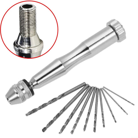 Manual Hand Drill Kit With Ten Bits 0.3 To 3.5mm Chuck For Wood Plastic PCB Jewelry Crafting Precision Mini Drill Bit Set displayed.