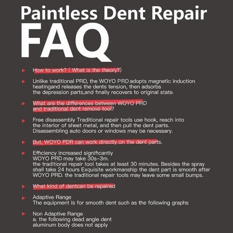 Paintless Dent Repair FAQ text about magnetic induction and traditional methods comparison