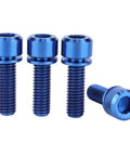Front view of four blue anodized M6x20mm Allen bolts with pillar heads for bicycles.