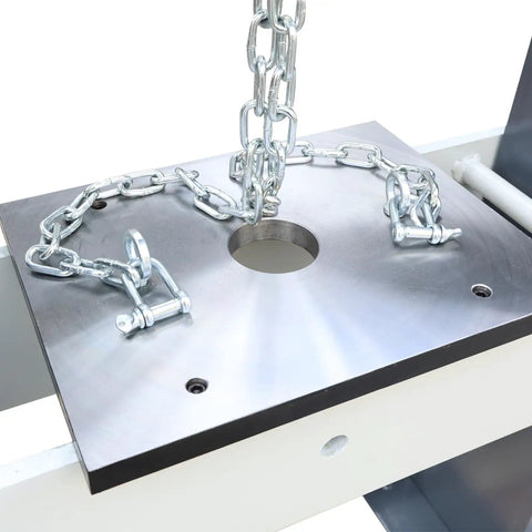 Top view of 25-Ton H-Frame Hydraulic Shop Press Workhorse with foot pedal and pressure gauge, showing metallic chain on the press surface.