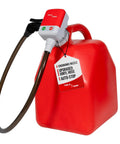 Next Gen Gas Can Pump With Ergonomic Non Spill Auto Stop Nozzle And Vinyl Discharge Hose Battery Powered Fuel Transfer Tool Using 4 AA Batteries Delivers About 2.7 Gal Per Minute Never Lift Heavy Gas Cans Again Compatible With Gasoline E15 And E85 attached to a red gas can