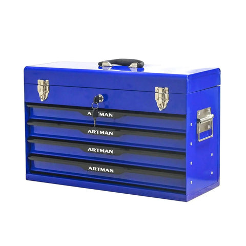 Built Tough 20 Inch Steel Toolbox with Four Drawers, powder coated blue, lockable latch system, portable tool storage for garage shop